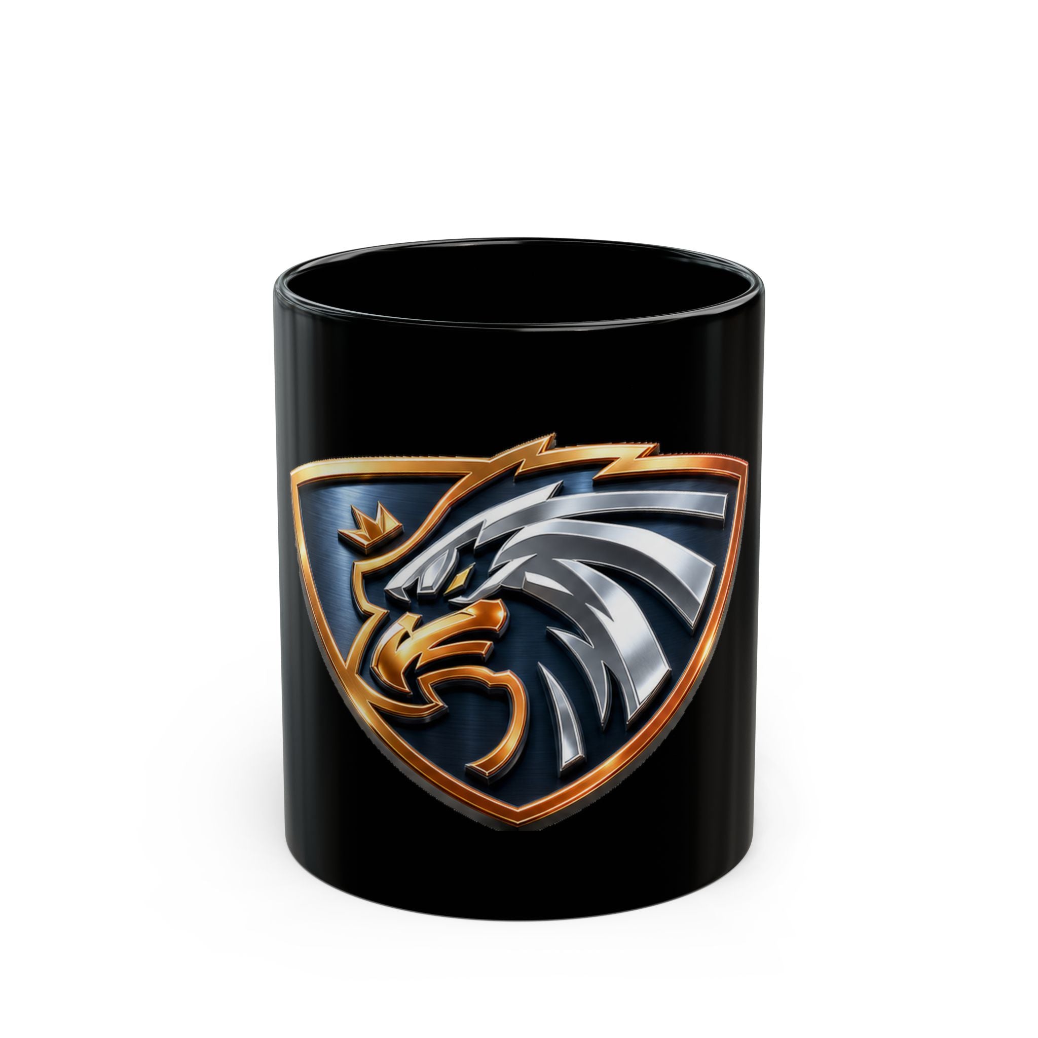Eagle Crest Black Coffee Mug – Bold Metallic Shield Design (11oz, 15oz)