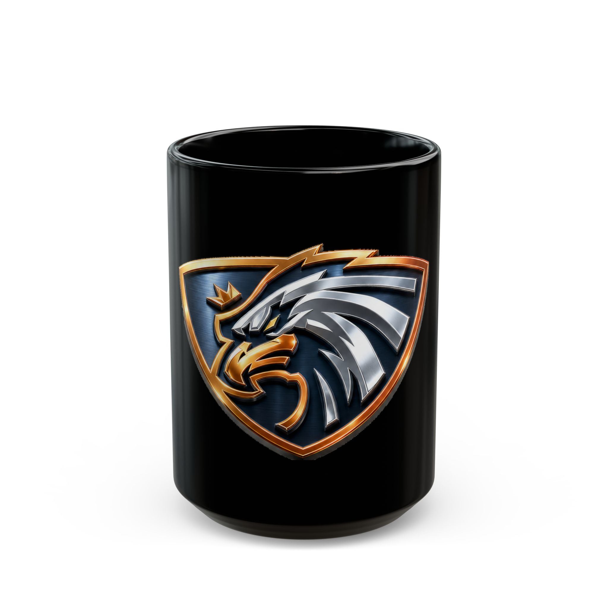 Eagle Crest Black Coffee Mug – Bold Metallic Shield Design (11oz, 15oz)