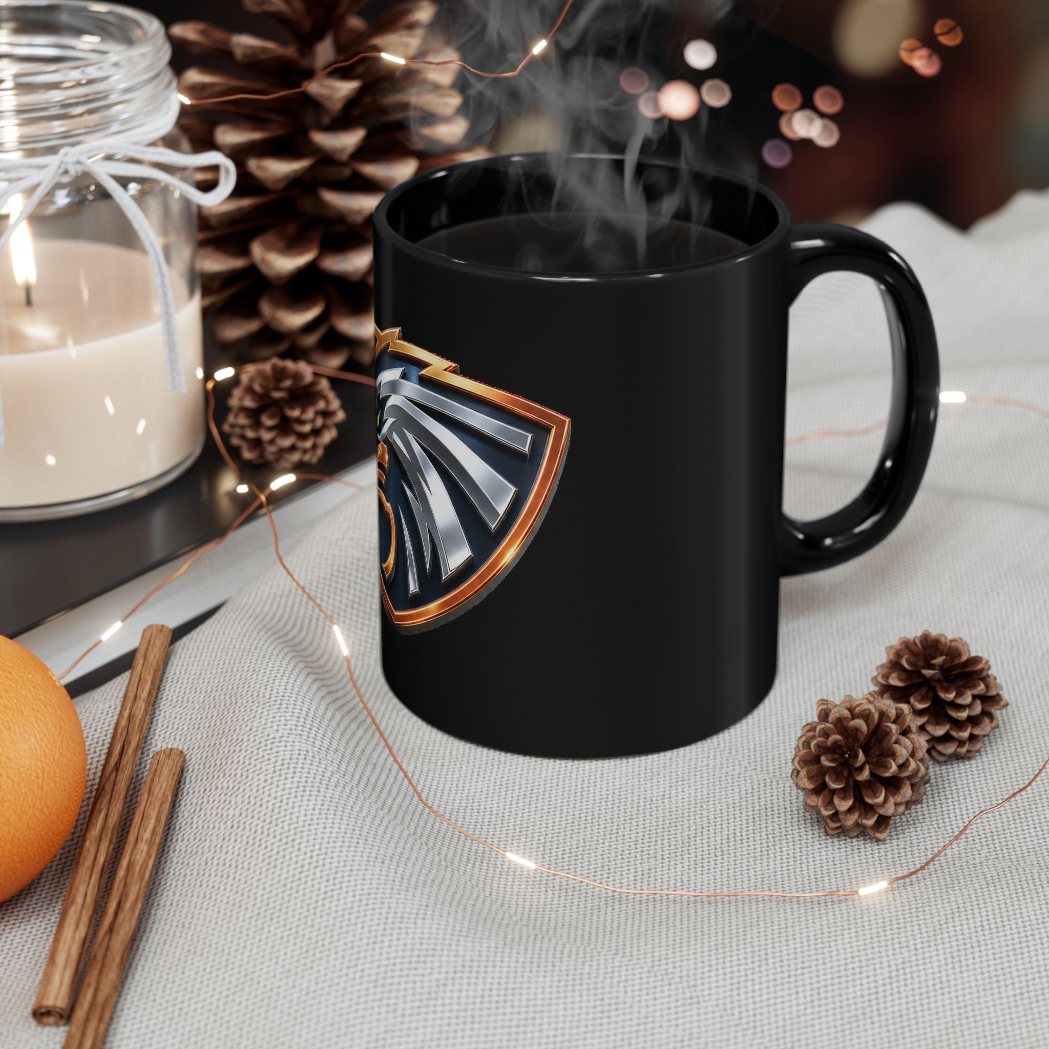 Eagle Crest Black Coffee Mug – Bold Metallic Shield Design (11oz, 15oz)